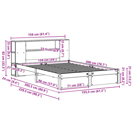 Letto Libreria senza Materasso Bianco 150x200 cm Legno di Pino