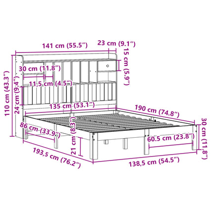 Letto Libreria senza Materasso 135x190 cm in Legno di Pino