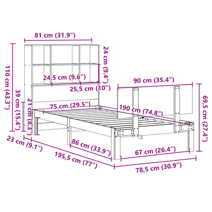 Giroletto con Libreria senza Materasso 75x190 cm in Legno Pino