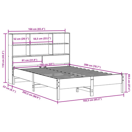 Letto Libreria senza Materasso Marrone Cera 160x200 cm in Pino