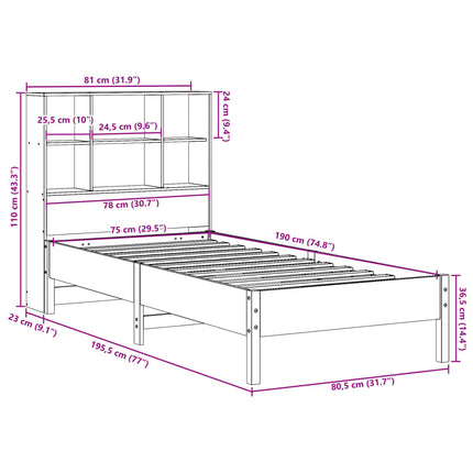 Letto Libreria senza Materasso Marrone Cera 75x190 cm in Pino