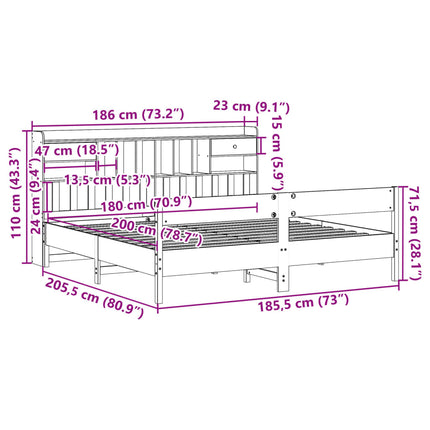 Letto Libreria senza Materasso Marrone Cera 180x200 cm in Pino