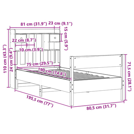 Letto con Libreria senza Materasso 75x190 cm in Legno Pino