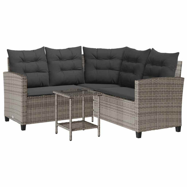 Divano da Giardino con Tavolo e Cuscini a L Grigio Polyrattan