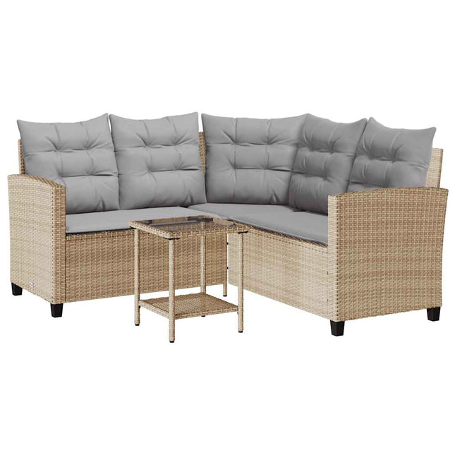 Divano da Giardino con Tavolo e Cuscini a L Beige in Polyrattan