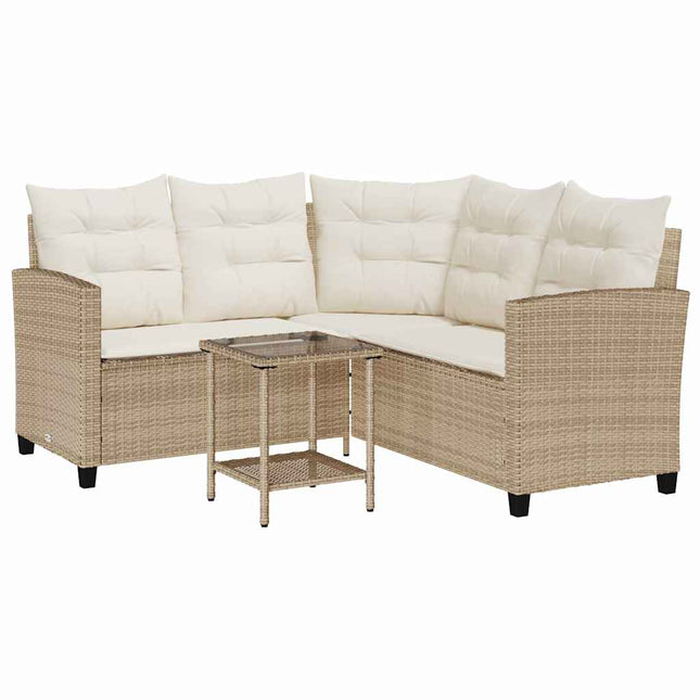Divano da Giardino con Tavolo e Cuscini a L Beige in Polyrattan