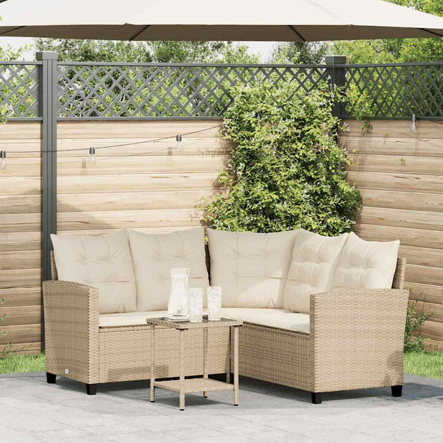 Divano da Giardino con Tavolo e Cuscini a L Beige in Polyrattan