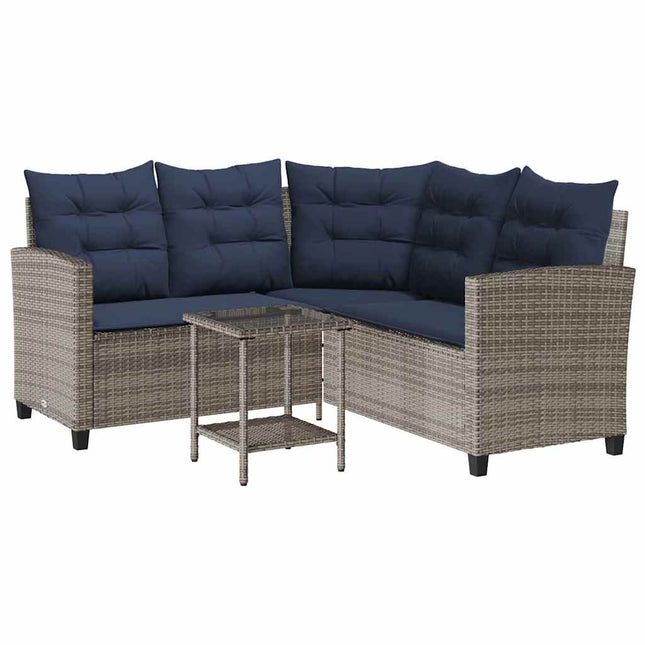 Divano da Giardino con Tavolo e Cuscini a L Grigio Polyrattan