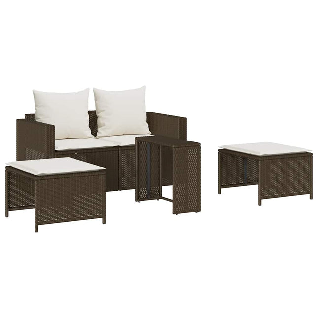 Set Divano da Giardino 5 pz con Cuscini Marrone in Polyrattan