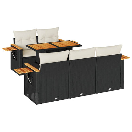 Set Divano da Giardino 6 pz con Cuscini Nero Polyrattan Acacia