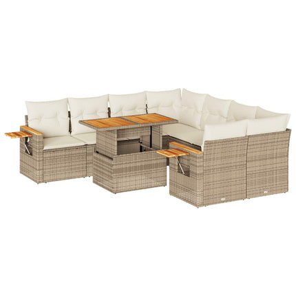 Set Divano da Giardino 9 pz con Cuscini Beige Polyrattan Acacia