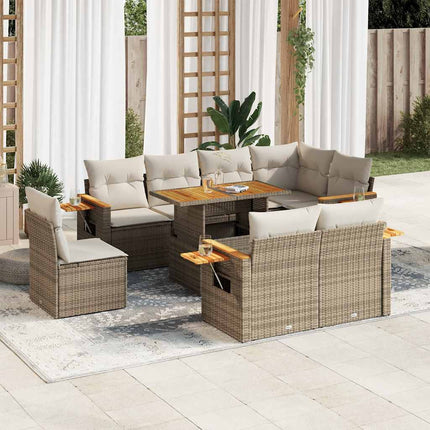 Set Divano da Giardino 9 pz con Cuscini Beige Polyrattan Acacia