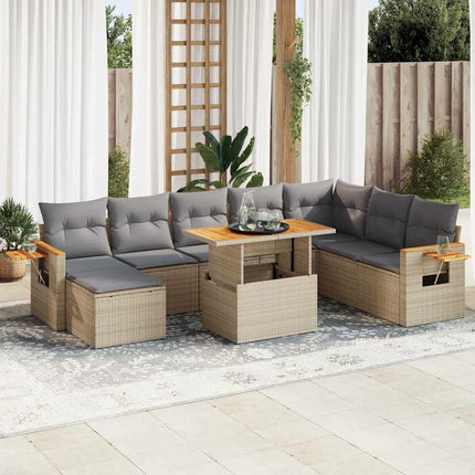Set Divano da Giardino 9 pz con Cuscini Beige Polyrattan Acacia