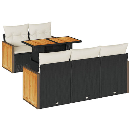 Set Divano da Giardino 6 pz con Cuscini Nero Polyrattan Acacia