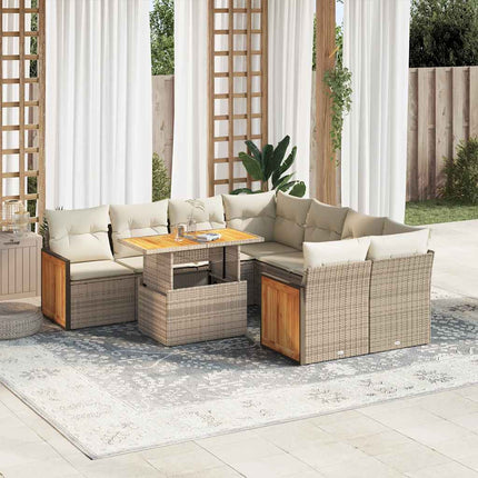 Set Divano da Giardino 9 pz con Cuscini Beige Polyrattan Acacia