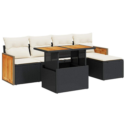 Set Divano da Giardino 6 pz con Cuscini Nero Polyrattan Acacia