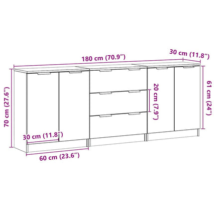 Credenze 3 pz Legno Antico 60x30x70 cm in Legno Multistrato