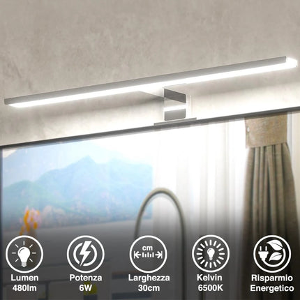 Lampada Specchio Bagno Applique Parete 30cm Luce LED 6W 6500K 480lm in Alluminio