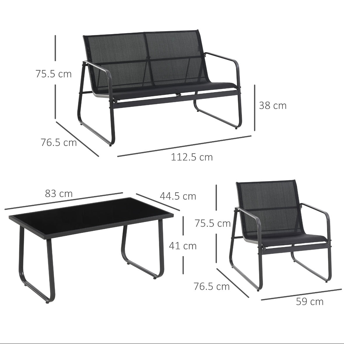 MEGA Set Tavolino con Panchina e 2 Sedie da Giardino, Arredamento da Esterno in
Metallo e Texteline, Nero