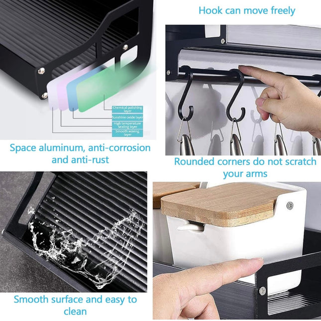 Portaspezie, supporto portaoggetti da cucina a parete con 6 ganci rimovibili, scaffale da cucina porta casseruola da parete senza foratura, alluminio, antiruggine, nero, 40 cm