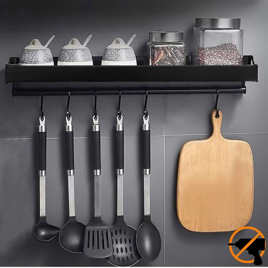 Portaspezie, supporto portaoggetti da cucina a parete con 6 ganci rimovibili, scaffale da cucina porta casseruola da parete senza foratura, alluminio, antiruggine, nero, 40 cm