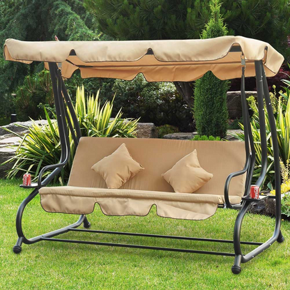 Dondolo Letto da Giardino 3 Posti Tetto Reclinabile Cuscini Beige 235x126x170 cm