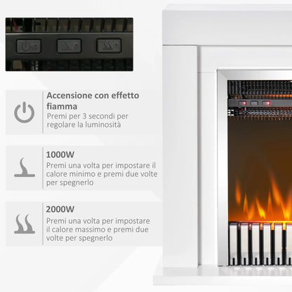 PROCAMIN Camino Elettrico da Terra con Effetto Fiamma Realistico, Timer e Telecomando, 1000W e 2000W, 79x26x77.5cm, Bianco e Nero