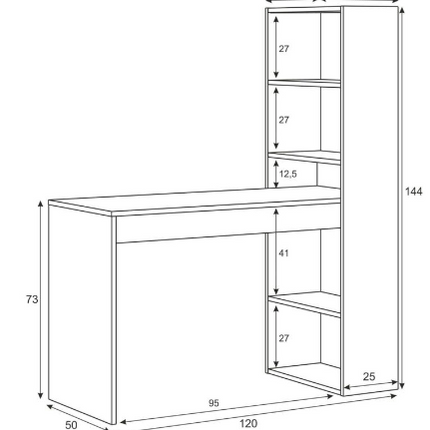 Scrivania Denton, Scrittoio multifunzione reversibile con libreria a 5 ripiani, Tavolo da studio o ufficio porta PC portalibri, cm 120x53h144, Bianco e Rovere, con imballo rinforzato