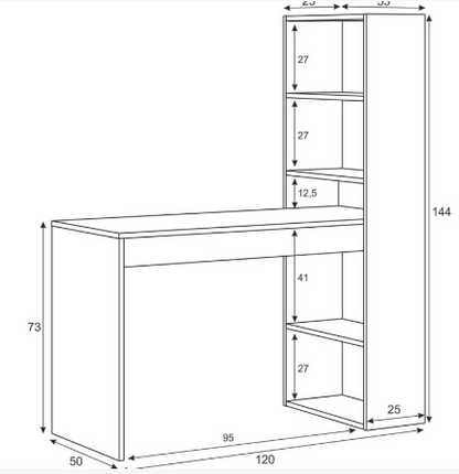 Scrivania Denton, Scrittoio multifunzione reversibile con libreria a 5 ripiani, Tavolo da studio o ufficio porta PC portalibri, cm 120x53h144, Bianco e Rovere, con imballo rinforzato