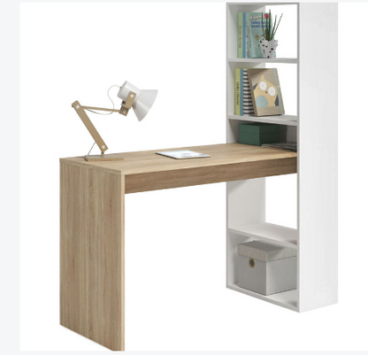 Scrivania Denton, Scrittoio multifunzione reversibile con libreria a 5 ripiani, Tavolo da studio o ufficio porta PC portalibri, cm 120x53h144, Bianco e Rovere, con imballo rinforzato