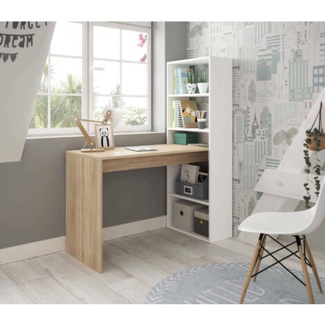 Scrivania Denton, Scrittoio multifunzione reversibile con libreria a 5 ripiani, Tavolo da studio o ufficio porta PC portalibri, cm 120x53h144, Bianco e Rovere, con imballo rinforzato