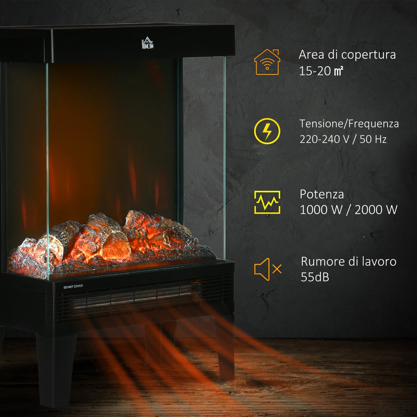 PROCAMIN Camino Elettrico 1000W / 2000W con Fiamma LED Realistica e Controllo Temperatura, 40.5x20x62 cm, Nero